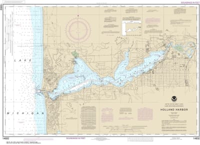 NOAA Chart 14932. Nautical Chart of Holland Harbor on Lake Michigan. NOAA charts portray water depths, coastlines, dangers, aids to navigation, landmarks, bottom characteristics and other features, as well as regulatory, tide, and other information. They