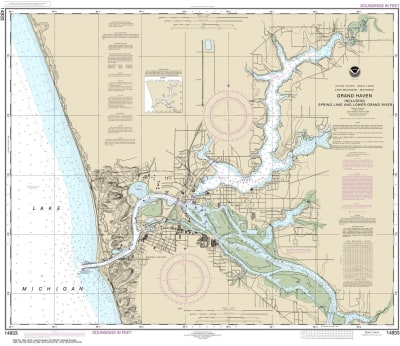 NOAA Chart 14933. Nautical Chart of Grand Haven, including Spring Lake and Lower Grand River. NOAA charts portray water depths, coastlines, dangers, aids to navigation, landmarks, bottom characteristics and other features, as well as regulatory, tide, and