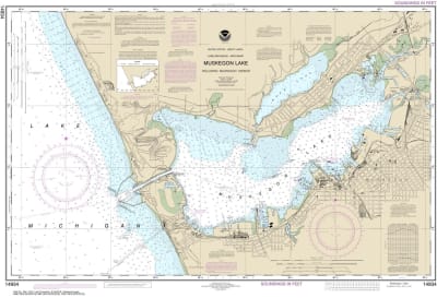 NOAA Chart 14934. Nautical Chart of Muskegon Lake and Muskegon Harbor. NOAA charts portray water depths, coastlines, dangers, aids to navigation, landmarks, bottom characteristics and other features, as well as regulatory, tide, and other information. The