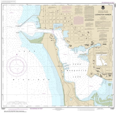 NOAA Chart 14937. Nautical Chart of Ludington Harbor. NOAA charts portray water depths, coastlines, dangers, aids to navigation, landmarks, bottom characteristics and other features, as well as regulatory, tide, and other information. They contain all cri