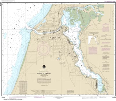 NOAA Chart 14938. Nautical Chart of Manistee Harbor and Manistee Lake. NOAA charts portray water depths, coastlines, dangers, aids to navigation, landmarks, bottom characteristics and other features, as well as regulatory, tide, and other information. The