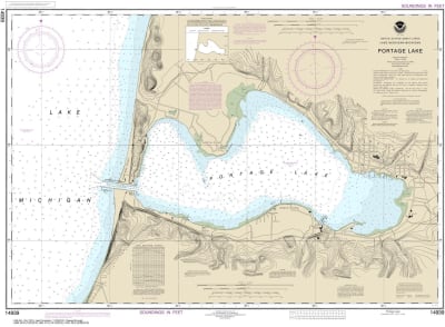 NOAA Chart 14939. Nautical Chart of Portage Lake. NOAA charts portray water depths, coastlines, dangers, aids to navigation, landmarks, bottom characteristics and other features, as well as regulatory, tide, and other information. They contain all critica