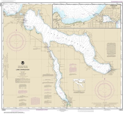 NOAA Chart 14942. Nautical Chart of Lake Charlevoix - Charlevoix, South Point to Round Lake. NOAA charts portray water depths, coastlines, dangers, aids to navigation, landmarks, bottom characteristics and other features, as well as regulatory, tide, and