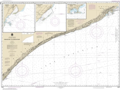NOAA Chart 14967. Nautical Chart of Beaver Bay to Pigeon Point - Silver Bay Harbor - Taconite Harbor - Grand Marais Harbor. NOAA charts portray water depths, coastlines, dangers, aids to navigation, landmarks, bottom characteristics and other features, as