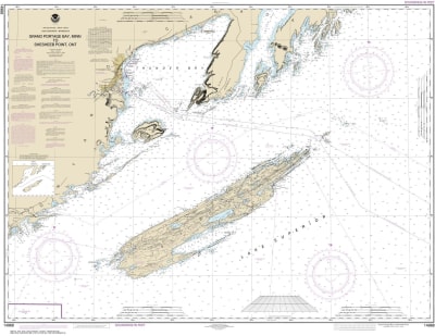 NOAA Chart 14968. Nautical Chart of Grand Portage Bay, Minnesota to Shesbeeb Point Ontario. NOAA charts portray water depths, coastlines, dangers, aids to navigation, landmarks, bottom characteristics and other features, as well as regulatory, tide, and o