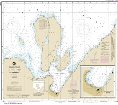 NOAA Chart 14969. Nautical Chart of Munising Harbor and Approaches - Munising Harbor. NOAA charts portray water depths, coastlines, dangers, aids to navigation, landmarks, bottom characteristics and other features, as well as regulatory, tide, and other i