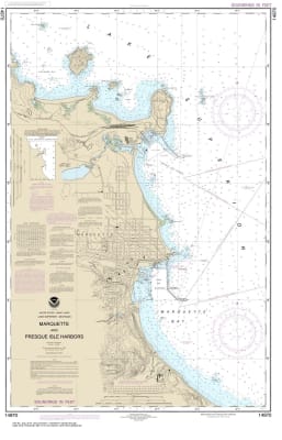 NOAA Chart 14970. Nautical Chart of Marquette and Presque Isle Harbors. NOAA charts portray water depths, coastlines, dangers, aids to navigation, landmarks, bottom characteristics and other features, as well as regulatory, tide, and other information. Th