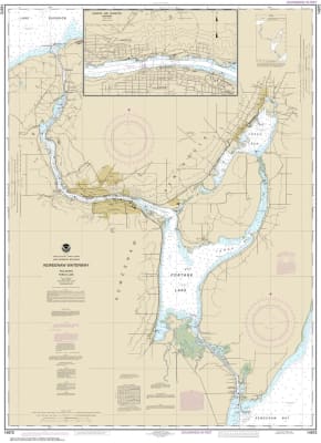 NOAA Chart 14972. Nautical Chart of Keweenaw Waterway, including Torch Lake - Hancock and Houghton. NOAA charts portray water depths, coastlines, dangers, aids to navigation, landmarks, bottom characteristics and other features, as well as regulatory, tid