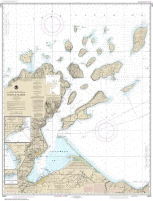 NOAA Chart 14973. Nautical Chart of Apostle Islands including Chequamegan Bay - Bayfield Harbor - Pikes Bay Harbor - La Pointe Harbor. NOAA charts portray water depths, coastlines, dangers, aids to navigation, landmarks, bottom characteristics and other f