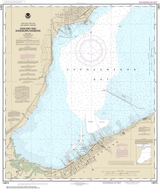 NOAA Chart 14974. Nautical Chart of Ashland and Washburn Harbors. NOAA charts portray water depths, coastlines, dangers, aids to navigation, landmarks, bottom characteristics and other features, as well as regulatory, tide, and other information. They con