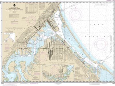 NOAA Chart 14975. Nautical Chart of Duluth-Superior Harbor - Upper St Louis River. NOAA charts portray water depths, coastlines, dangers, aids to navigation, landmarks, bottom characteristics and other features, as well as regulatory, tide, and other info