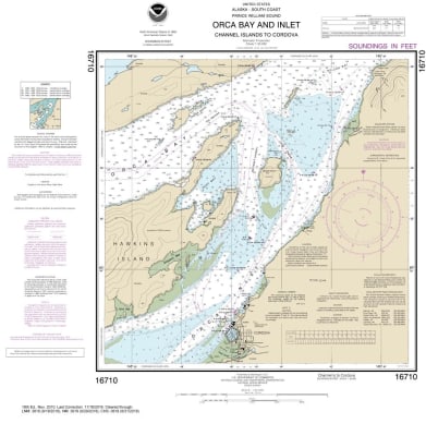 NOAA Chart 16710. Nautical Chart of Orca B. and ln. - Channel lsland to Cordova. NOAA charts portray water depths, coastlines, dangers, aids to navigation, landmarks, bottom characteristics and other features, as well as regulatory, tide, and other inform