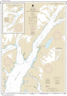 NOAA Chart 16711. Nautical Chart of Port Wells, including College Fiord and Harriman Fiord. NOAA charts portray water depths, coastlines, dangers, aids to navigation, landmarks, bottom characteristics and other features, as well as regulatory, tide, and o