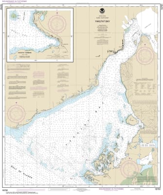 NOAA Chart 16761. Nautical Chart of Yakutat Bay - Yakutat Harbor. NOAA charts portray water depths, coastlines, dangers, aids to navigation, landmarks, bottom characteristics and other features, as well as regulatory, tide, and other information. They con