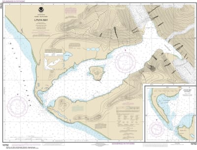 NOAA Chart 16762. Nautical Chart of Lituya Bay - Lituya Bay Entrance. NOAA charts portray water depths, coastlines, dangers, aids to navigation, landmarks, bottom characteristics and other features, as well as regulatory, tide, and other information. They
