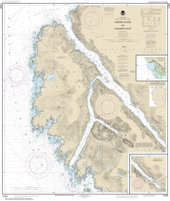 NOAA Chart 17303. Nautical Chart of Yakobi Island and Lisianski Inlet - Pelican Harbor. NOAA charts portray water depths, coastlines, dangers, aids to navigation, landmarks, bottom characteristics and other features, as well as regulatory, tide, and other