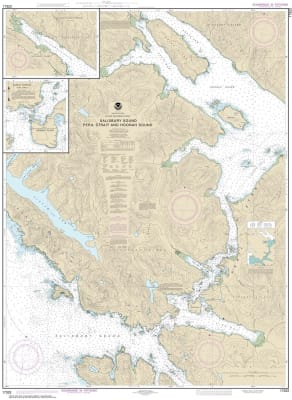 NOAA Chart 17323. Nautical Chart of Salisbury Sound, Peril Strait and Hoonah Sound - Alaska. NOAA charts portray water depths, coastlines, dangers, aids to navigation, landmarks, bottom characteristics and other features, as well as regulatory, tide, and