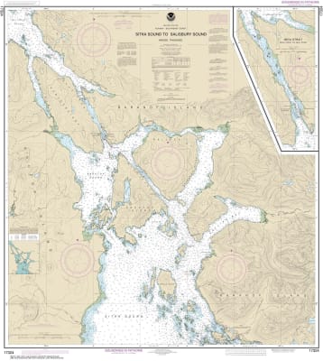 NOAA Chart 17324. Nautical Chart of Sitka Sound to Salisbury Sound, Inside Passage - Neva Str.-Neva Point to Zeal Point - Alaska. NOAA charts portray water depths, coastlines, dangers, aids to navigation, landmarks, bottom characteristics and other featur