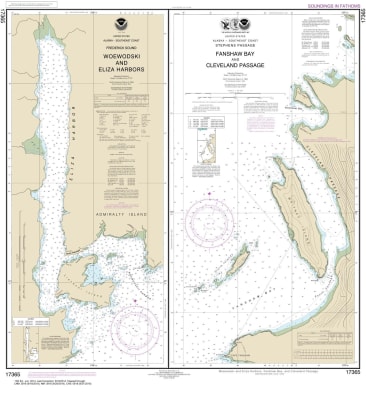 NOAA Chart 17365. Nautical Chart of Woewodski and Eliza Harbours - Fanshaw Bay and Cleveland Passage - Alaska. NOAA charts portray water depths, coastlines, dangers, aids to navigation, landmarks, bottom characteristics and other features, as well as regu