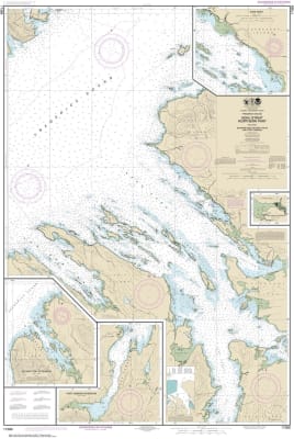 NOAA Chart 17368. Nautical Chart of Keku Strait - northern part, including Saginaw and Security Bays and Port Camden - Kake Inset - Alaska. NOAA charts portray water depths, coastlines, dangers, aids to navigation, landmarks, bottom characteristics and ot