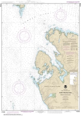 NOAA Chart 17378. Nautical Chart of Port Protection, Prince of Wales Island - Alaska. NOAA charts portray water depths, coastlines, dangers, aids to navigation, landmarks, bottom characteristics and other features, as well as regulatory, tide, and other i