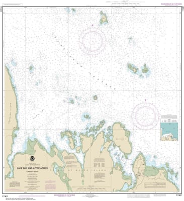 NOAA Chart 17401. Nautical Chart of Lake Bay and approaches, Clarence Straight - Alaska. NOAA charts portray water depths, coastlines, dangers, aids to navigation, landmarks, bottom characteristics and other features, as well as regulatory, tide, and othe