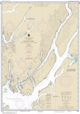 NOAA Chart 17427. Nautical Chart of Portland Canal - Dixon Entrance to Hattie Island - Alaska. NOAA charts portray water depths, coastlines, dangers, aids to navigation, landmarks, bottom characteristics and other features, as well as regulatory, tide, an