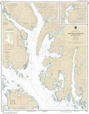 NOAA Chart 17431. Nautical Chart of North end of Cordova Bay and Hetta Inlet - Alaska. NOAA charts portray water depths, coastlines, dangers, aids to navigation, landmarks, bottom characteristics and other features, as well as regulatory, tide, and other