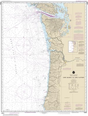 NOAA Chart 18003. Nautical Chart of Cape Blanco to Cape Flattery. NOAA charts portray water depths, coastlines, dangers, aids to navigation, landmarks, bottom characteristics and other features, as well as regulatory, tide, and other information. They con