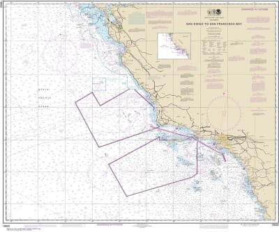 NOAA Chart 18022. Nautical Chart of San Diego to an Francisco Bay. NOAA charts portray water depths, coastlines, dangers, aids to navigation, landmarks, bottom characteristics and other features, as well as regulatory, tide, and other information. They co