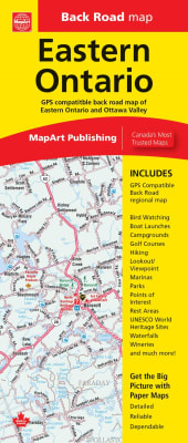 Detailed road map of Eastern Ontario including Kingston, Peterborough, Brockville, and Oshawa. Features full color and detailed road networks for easy commute.