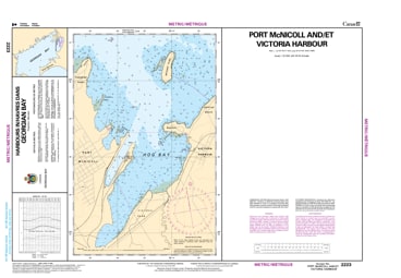 Navigate Southern Georgian Bay safely with CHS Chart 2223: Port McNicoll & Victoria Harbour. Official 1:15,000 scale data featuring precise water depths, hazards, and aids for Hog Bay and Severn Sound.r