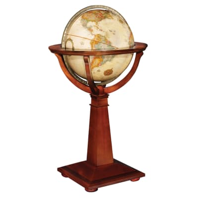 Discover a new perspective with the Logan 16" World Globe. This exquisite piece combines the practical detail of a 16-inch raised-relief globe with the artistry of a hand-rubbed, inlaid-wood pedestal stand. The antique-ocean coloring evokes a sense of tim
