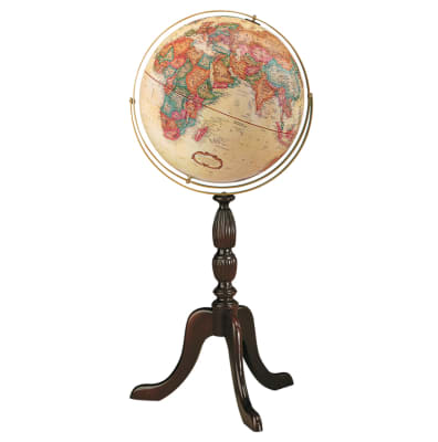 Cambridge 16 inch Floor Globe. Delicate dignity. The graceful style and antique luster of the Cambridges Gyromatic assembly present a pleasing contrast to the beauty of its rich walnut stand. The 16 inch raised relief globe ball features an antique style