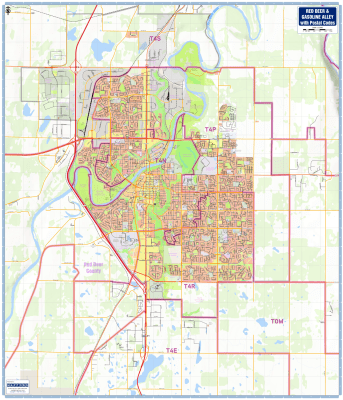 Red Deer and Gasoline Alley postal code wall map 36x42 showing FSA boundaries, street grid, and highway networks.