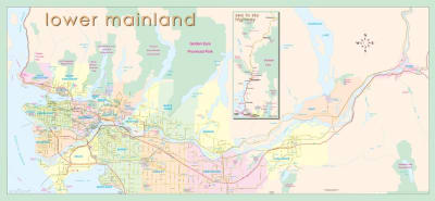 Explore the Lower Mainland with our comprehensive map. This detailed 24x48 print shows all communities, municipalities, and major parks from Vancouver to Hope, with a dedicated Sea to Sky inset for Squamish, Whistler, and Pemberton. Highlights include all