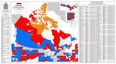 Explore the detailed 45th Parliament federal election results with this 2025 Canada General Election wall map. Features all 343 ridings, major metropolitan insets, and party standings for Liberals, Conservatives, BQ, NDP, and Greens.