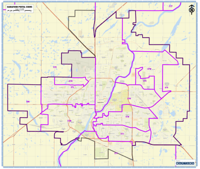 Large 32x38 inch professional wall map of Saskatoon, Saskatchewan showing color-coded postal code (FSA) boundaries and major city roads.