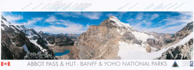 Abbot Pass & Hut Banff & Yoho National Parks Panorama Poster - A labeled mountain identification guide featuring Mt. Victoria, Mt. Lefroy, and the surrounding alpine peaks of the Continental Divide.