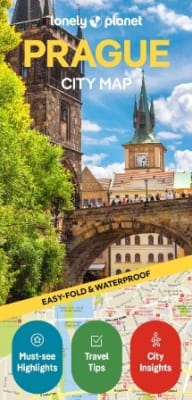 Lonely Planet Prague Planning Map featuring a waterproof, tear-resistant design, protective slipcase, and integrated Prague Metro and tram map.