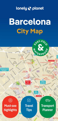 Lonely Planet Barcelona Planning Map featuring a waterproof, tear-resistant design, protective slipcase, and integrated Barcelona Metro map.