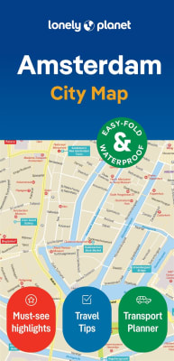 Lonely Planet Amsterdam Planning Map featuring a waterproof, tear-resistant design, protective slipcase, and integrated public transport map.
