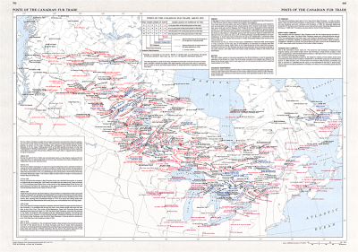 Posts of the Canadian Fur Trade 1600 to 1870 historical map from The National Atlas of Canada showing Hudson's Bay Company and North West Company trading posts.