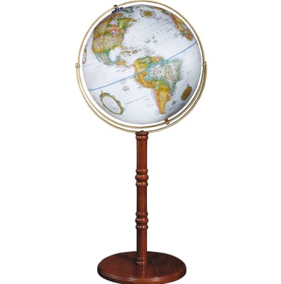 Edinburgh - 16 inch Floor Globe. Dignified and evoking the nautical world, the Edinburgh features an attractive walnut finish and solid wood base. Raised relief and blue ocean round out the effect of this new-for-2008 16 inch floor globe. By simply removi