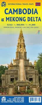 ITMB durable double-sided travel map of Cambodia and Vietnam's Mekong Delta, showing Phnom Penh, Angkor Wat, Ho Chi Minh City, and key ferry/river routes.