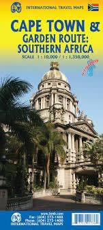 Cape Town & Garden Route Travel Map.  This is an excellent map of Cape Town on tear-resistant Stone paper with the covering that portion of the country known as Cape Province (Cape Town north to the Namibian border, east to the Transkei, and north to Potc