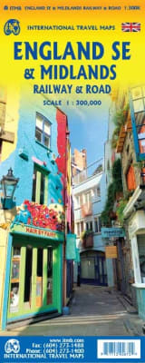 SE England and Midlands Road and Rail Map. This map covers the English Channel north to the northern tip of East Anglia and west to Portsmouth, Reading and Peterborough. The reverse covers The Midlands, which stretches from Cambridge and Peterborough west