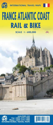 Double-sided travel map of the France Atlantic Coast, detailing rail connections, major highways, and EuroVelo long-distance cycling routes from the Cotentin Peninsula down to the Spanish border.