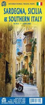 Detailed ITMB map of Sardinia & Sicily (front), plus Basilicata, Campania, Calabria, & Apulia (reverse). Includes roads, parks, and attractions.