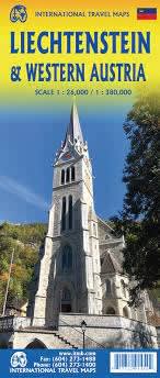 LIECHTENSTEIN & WESTERN AUSTRIA.  This is a detailed map color-coded to elevation showing roads, rivers, points of interest, schools, shopping, churches, and more.  The ski haven of Malbun is prominently shown with a scale to show every major street.  Wal